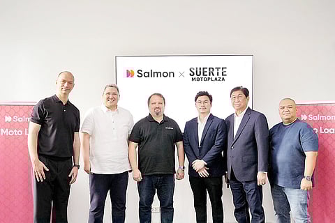 EXECUTIVES from Salmon Finance and Suerte Motoplaza gather during the launch of in-store motorcycle financing for buyers in select Metro Manila dealerships. Shown are (from left): Sergey Golets, head of Auto Lending of Salmon; Raffy Montemayor, co-founder of Salmon; Vasiliy Kuznetsov, senior vice president for Partners and Distribution of Salmon; John Derrick Gerongay, executive director of Suerte Motoplaza; Reynold Gerongay, president and CEO of Suerte Motoplaza; and Ralp Moris Brondial, head of Auto Lending Operations of Salmon.