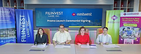 Filinvest Land and Eastwest Bank MOA SIGNING. In photo: Venus A. Mejia, Filinvest Land Chief Operating Officer and Chief Finance Officer; Tristan Las Marias, Filinvest Land President and Chief Executive Officer; Jacqueline Fernandez, EastWest Bank President; Jason Atienza, Eastwest Bank First Vice President