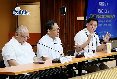 (March 16 2026) Department of Social Welfare and Development (DSWD) Secretary Rex Gatchalian together with Department of Transportation (DOTr) Secretary Giovanni Lopez, and Land Transportation Franchising and Regulatory Board (LTFRB) Atty. Vigor Mendoza II held a press briefing in DSWD Central Office in Quezon City on Monday, March 16, 2026 to discuss the procedure of the P5,000 cash aid for tricycle drivers in Metro Manila starting tomorrow as the government response to rising fuel prices due to the conflict in the Middle East. Photo/Analy Labor