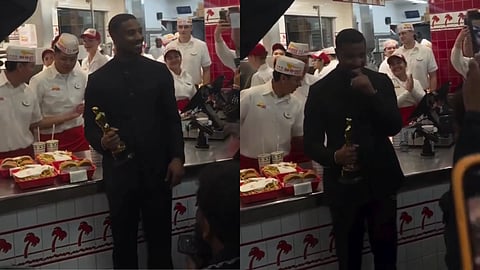 Actor Michael B. Jordan celebrating at burger joint after the Oscars