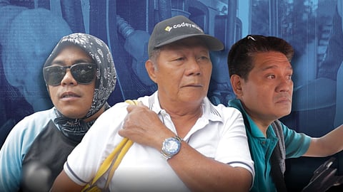 FROM left are Angelo Bryan Platilla, a TNVS driver; Rizaldy Montuerto, a tricycle driver from Bataan; and Robert, a traditional jeepney driver via Buendia-Guadalupe.