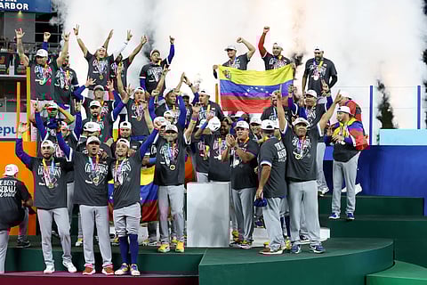 THE Venezuelans celebrate after pulling off a stunning 3-2 upset of the Americans to win their maiden World Baseball Classic title in a dramatic finale on Tuesday.    