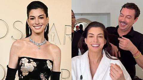 Anne Hathaway arrives at the Oscars 2026 with a barely-there lift—courtesy of hidden braids that do just enough.