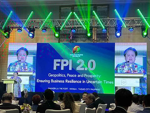 Foreign Affairs Secretary Tess Lazaro delivers a speech during the Federation of Philippine Industries 2.0 forum, themed ‘Geopolitics, Peace and Prosperity: Ensuring Business Resilience in Uncertain Times’, at the Shangri-La The Fort, Taguig City, on Thursday.