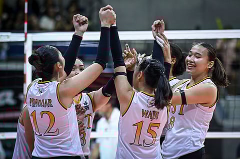 UST celebrates its 21-25, 25-11, 25-22, 25-12 win over Ateneo in their Season 88 UAAP women’s volleyball tournament game at the Araneta Coliseum.