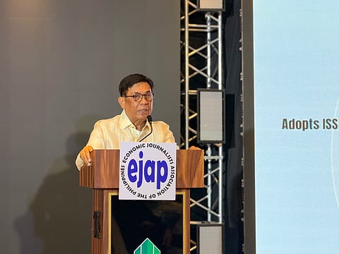 SEC Chairperson and CEO Francisco Lim delivers keynote speech at the inaugural Sustainability Forum hosted by the Economic Journalists of the Philippines on Monday.