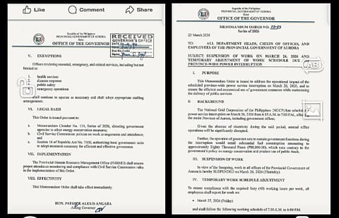 Memorandum Order No. 02-26 issued by Aurora Gov. Patrick Alexis Angara – Provincial offices closed March 26 due to NGCP power outage from 6:15AM to 7PM. Operations resume March 27, 7AM to 6PM.