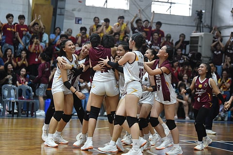 THE Perpetual Junior Lady Altas celebrate after tallying a 25-19, 25-11, 25-23 win over the Arellano Lady Braves in Game 1 of their Season 101 NCAA volleyball fiesta girls’ division on Thursday.
