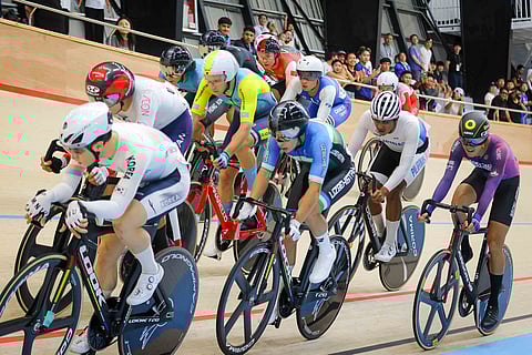 MARK Bonzo of the Philippines (second from right) winds up 11th out of 14 entries in the Asian Track Cycling Championships on Thursday in Tagaytay City.