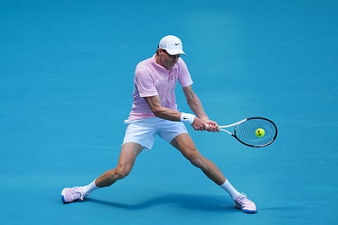 MIAMI GARDENS, FLORIDA - MARCH 26: Jannik Sinner of Italy returns a shot against Frances Tiafoe of the United States during their quarter final match on day 10 of the Miami Open at Hard Rock Stadium on March 26, 2026 in Miami Gardens, Florida. 