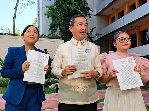 LAWMAKERS from the Makabayan bloc during the filing of House Bill 8765 at the House of Representatives in Quezon City.