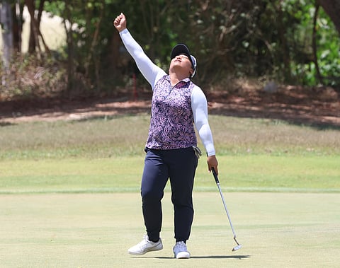 FLORENCE Bisera celebrates after sinking a clutch birdie putt to secure the ICTSI Lakewood Championship crown in Cabanatuan City on Thursday.