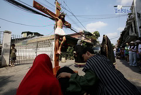 (March 28 2026) The Diocesan Shrine and Parish of Our Lady of Light, youth members take part in the Living Stations of the Cross in Barangay San Juan in Cainta on Saturday, March 28, 2026. The annual Lenten tradition, led by the parish youth ministry, brings the community together as they reenact Christ’s passion while moving through selected barangays. Cainta, Rizal, is recognized as the "Senakulo Capital of the Philippines" for its deep-rooted Holy Week tradition of performing theatrical re-enactments of the passion, death, and resurrection of Jesus Christ. Since 1904, the town has staged elaborate Passion plays involving multiple local groups. Photo/Analy Labor
