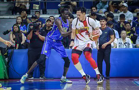 JUNE Mar Fajardo of San Miguel gets a rare chance of battling a bigger player in 7-foot-3 Bol Bol of TNT Tropang 5G in their PBA Commissioner’s Cup game Saturday.