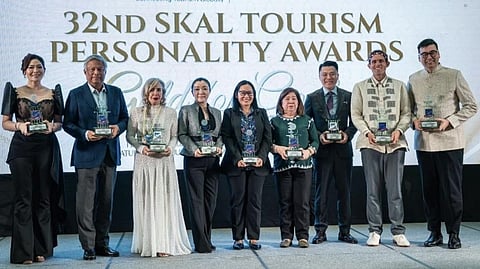 AWARDEES pose during the 32nd Skal Tourism Personality Awards held at Okada Manila in Makati City. From left are Crystal Jacinto, Alejandro 'Al' Tengco, Takako Okada, Cynthia Carrion (representing Carlos Yulo), Ren Locsin (representing Seferina Joven), Theresita Landan (representing Margarita Nograles), Kevin Tan, Kyle Jennermann and Lance Tan.
