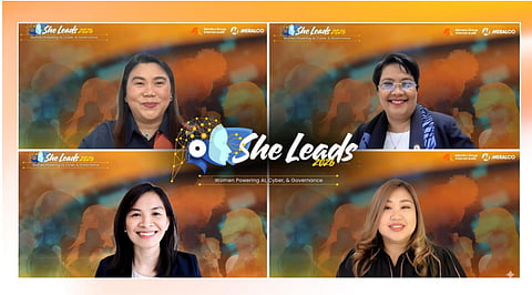 EMPOWERING WOMEN. She Leads 2026: Women Powering AI, Cyber, and Governance is a virtual leadership forum held
last March 11 was attended by 761 online participants across Asia-Pacific. Seen in the photo are the guest speakers (top
to bottom) DENR Chief Information Officer Arlene A. Romasanta, Asia Pacific College Executive Director Rhea-Luz R.
Valbuena, Steel Asia Manufacturing Corporation Chief Audit Executive Zaida Angelita P. Lazaro and Meralco Group Chief
Audit Executive Melanie T. Oteyza