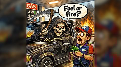 HE stopped en route to fill the three 18-liter jerrycans he needs for each body he burns.