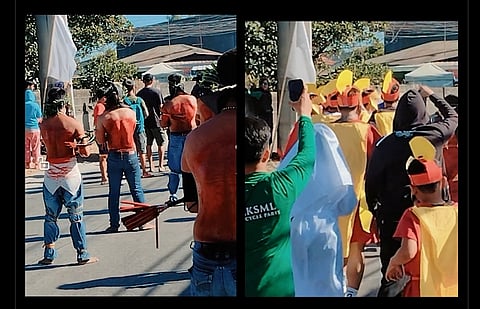 SHOW OF DEVOTION. Penitents perform the traditional 'tira bakal' or self-flagellation (left) while actors portraying Roman soldiers march along the streets during the Senakulo rites in Barangay Calulut, San Fernando, Pampanga, on Friday morning.