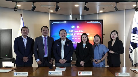 LEADING officials from the Social Security System and UnionBank formalize their partnership during the signing of a memorandum of agreement. In photo (from left): SSS SVP Pedro Baoy (Lending and Asset Management Group); EVP Ernesto D. Francisco Jr. (Investments Sector); SSS president and CEO Robert Joseph Montes de Claro; UnionBank president and CEO Ana Aboitiz-Delgado; Mimi Concha (Institutional Banking Head); and Erika B. Dizon-Go (Transaction Banking Center Head).