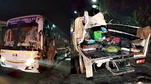 Aftermath of a fatal road crash between a passenger bus and a service vehicle in Camarines Sur, leading to the deaths of five individuals.