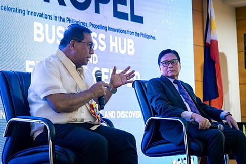 Department of Science and Technology Secretary Renato U. Solidum Jr. (left) and Assistant Secretary Napoleon K. Juanillo Jr. discuss the three-year vision and strategic goals of the PROPEL Business Hub during a media briefing.