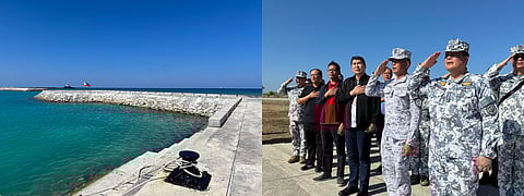 Standing for Sovereignty: DOTr Secretary Giovanni Lopez (left), Foreign Affairs Committee Chairman Senator Erwin Tulfo (right), and PCG Commandant Admiral Ronnie Gil Gavan (center of the three), together with PCG personnel, paid tribute to the Philippine flag during the activation of the new Coast Guard District in the Kalayaan Island Group in Brgy. Pag-asa, Kalayaan, Palawan, 9 April, the Day of Valor.