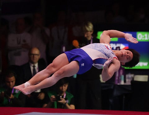 Karl Eldrew Yulo aims for the top spot in the floor exercise of the Osijek leg of the FIG Artistic Gymnastics World Cup Series in Croatia.