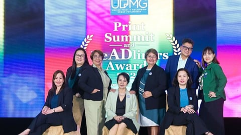 UPMG officials lead the Print Summit and HeAdliners Awards 2025: (from left) Jeanette Dominguez, Secretary; Eve Bacani, CRB Head; Edna Abong, Director; Vivienne Motomal, President; Sherly Baula, Treasurer; Aldwin Tolosa, P.R.O.; Carol Agabin, Director; and Roda Zabat, Auditor.
