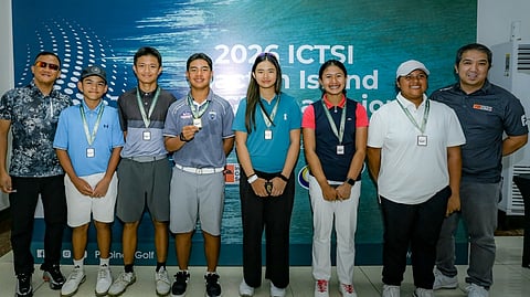 RALPH Batican and Marqaela Dy (center) display their medals after topping the Junior PGT Visayas-Mindanao Series’ opening leg at Mactan Island Golf Course in Lapu-Lapu City, Cebu. Joining them are (from left) Lt. Col. Frank Tabat, Mico Woo, Ken Guillermo, Zuri Bagaloyos, Rafella Batican and ICTSI Media Relations head Ronnel Javier.