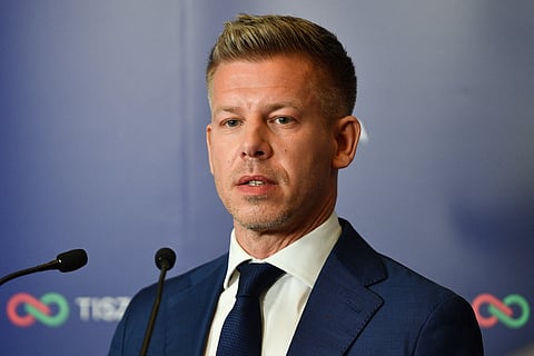 Peter Magyar, leader of the pro-European conservative TISZA party, makes a statement in Budapest during the general election in Hungary, on April 12, 2026. Polls closed in Hungary's parliamentary election, with turnout reaching a record high in the crunch vote that sees nationalist Prime Minister Viktor Orban's 16-year stint in power face an unprecedented challenge from conservative political newcomer Peter Magyar.
