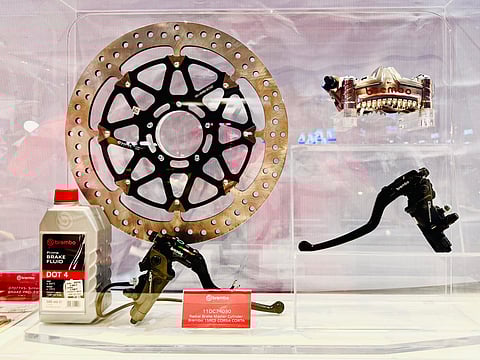 BREMBO brake disc, caliper and fluid are on display as part of the focus on stronger stopping power for motorcycle riders. 