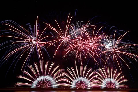 PLATINUM Fireworks Incorporated lights up Manila Bay during the finale of the 13th Philippine International Pyromusical Competition at SM Mall of Asia on 11 April.
