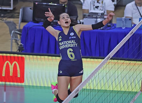 Ange Alinsug delivers the killer blows in Adamson University’s 25-19, 25-14, 25-14 victory over University of the East to enter the semifinal round of Season 88 UAAP women’s volleyball tournament.
