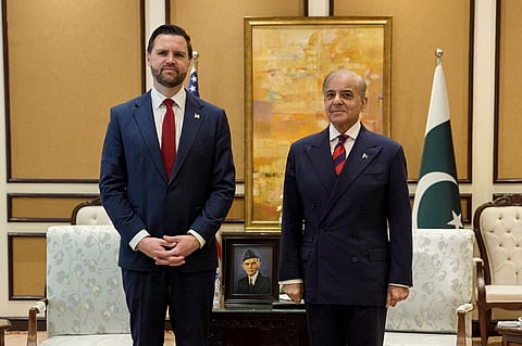 US Vice President JD Vance (L) is welcomed by Pakistani Prime Minister Shehbaz Sharif ahead of their meeting on Iran amid the US-Iran peace talks in Islamabad on 11 April 2026. Vance arrived in the Pakistani capital to lead the US delegation in high-stakes peace talks with Iran, under the cover of a fragile two-week ceasefire between Washington and Tehran, with Pakistan serving as mediator in the negotiations aimed at ending a six-week conflict.