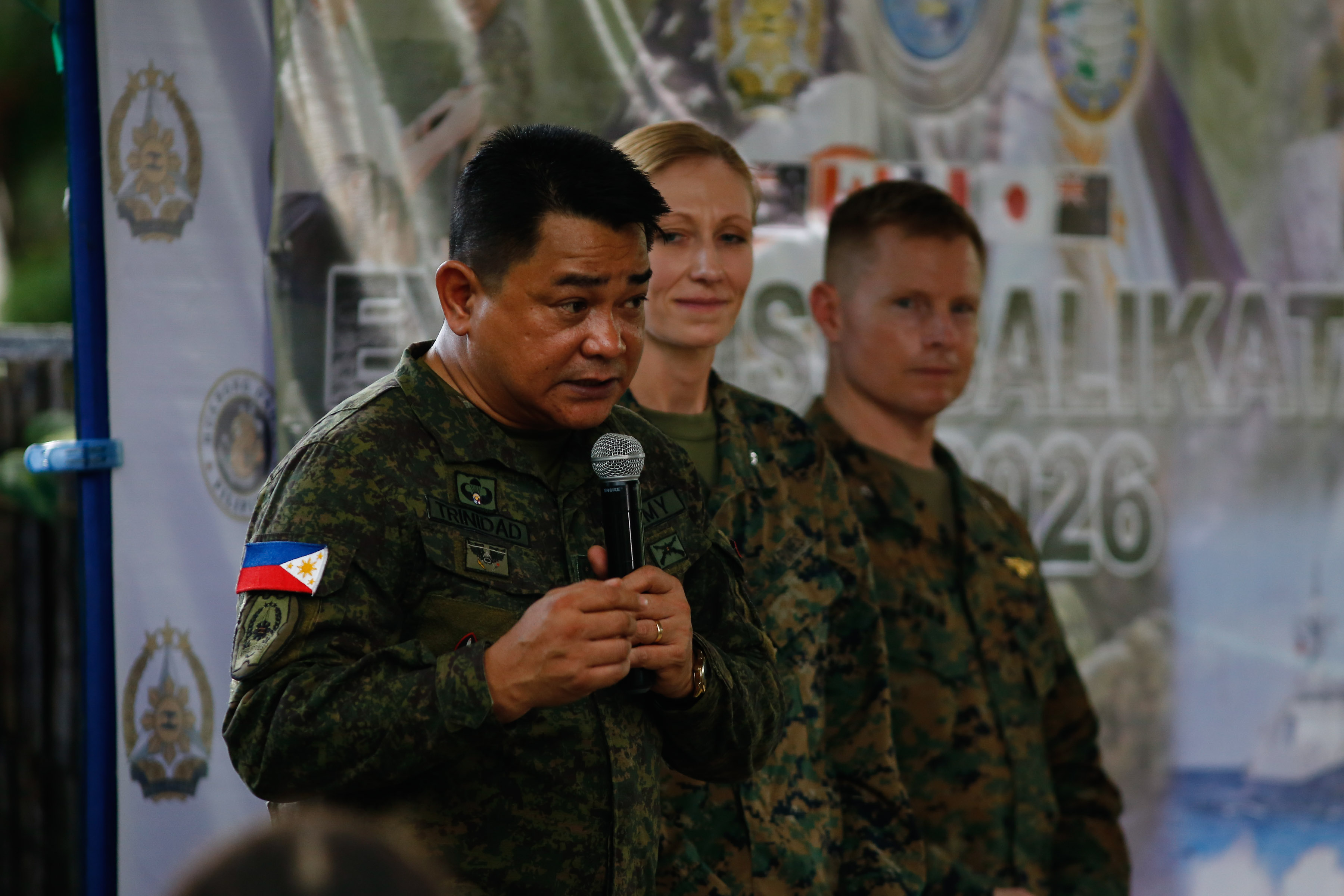 AFP Public Affairs Chief Col. Xerxes Trinidad, US Chief of Combined Joint Information Bureau (CJIB) LTC Lindsay Pirek USMC and Col. Robert Bunn, Ex Balikatan 41-2026 Spokesperson (US)
