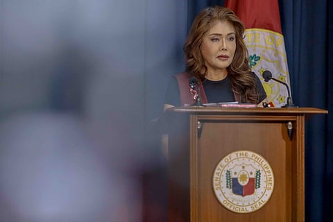 Senator Imee Marcos on Wednesday, 14 April, 2026 faces the members of the press in Pasay City refuting allegations by Ramil Madriaga amid the impeachment complaint filed in Congress yesterday against Vice President Sara Duterte.| Aram Lascano