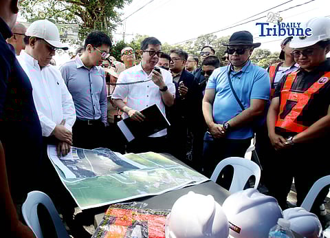 (April 15 2026) Sandiganbayan Third Division justices show the map of the alleged ghost flood control project at Purok 5, Brgy. Bunsuran in Pandi, Bulacan, linked to ex-Senator Ramon “Bong” Revilla Jr. and former officials of the DPWH Bulacan 1st District Engineering Office. On Wednesday April 15 2026.  Photo/Analy Labor