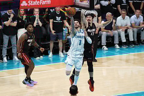 LAMELO Ball soars for the game-winning layup to lift the Charlotte Hornets to a 127-126 overtime win over the Miami Heat in the play-in of the NBA playoffs.