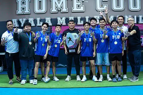 The PCU-D Dolphins celebrate after ruling the men’s division of the inaugural table tennis competition of the PGFlex-UCAL Season 8 at the Homecourt by Ayala Malls-Manila Bay recently.