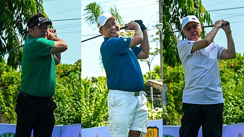 JGFP president Oliver Gan, national coach Ramon Brobio and businessman John Gaisano of JS Gaisano Malls hit the ceremonial tee-off, signaling the start of the JGFP World Team Championships on Friday at the Apo Golf and Country Club in Davao City.
