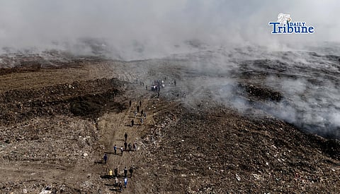LANDFILL BLAZE FROM ABOVE: An aerial view of the Navotas Sanitary Landfill on 16 April 2026 shows a fire that has been burning for days, affecting nearby communities in Navotas, Malabon, and Obando, Bulacan. Photo by Analy Labor.
