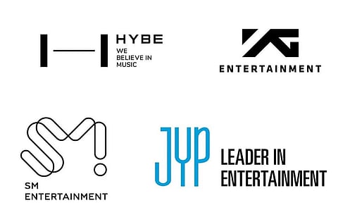 SM Entertainment, YG Entertainment, JYP Entertainment, and HYBE Label logos. 