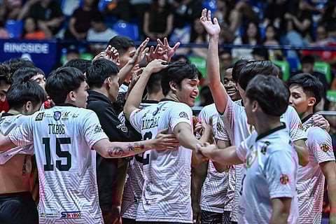 AEP-Cabstars celebrate their 25-22, 25-21, 23-25, 25-23 win over Alpha Insurance to capture the bronze medal in the 2026 Spikers’ Turf Open Conference on Friday at the Filoil Centre.

