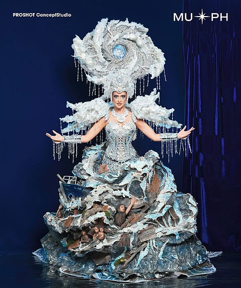 All eyes on 2026 Miss Universe PH Taclobans National Costume depicting Taclobans strength and unity to stand again after super typhoon Yolanda