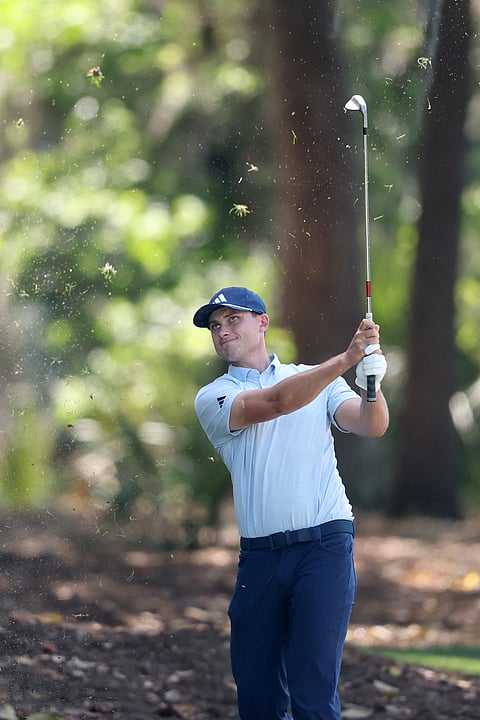 LUDVIG Åberg of Sweden hits from a bunker on the 16th hole during the opening round of the RBC Heritage at Harbour Town Golf Links in Hilton Head Island, South Carolina.