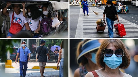 COMMUTERS and pedestrians at the intersection of United Nations and Taft avenues wear masks on Saturday, 18 April 2026, as air quality levels due to the Navotas landfill fire worsened.