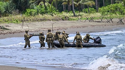 US Marines take part in a counter-landing live fire exercise during the annual US-Philippines joint military "Balikatan" exercise in Rizal, Palawan on April 28, 2025.