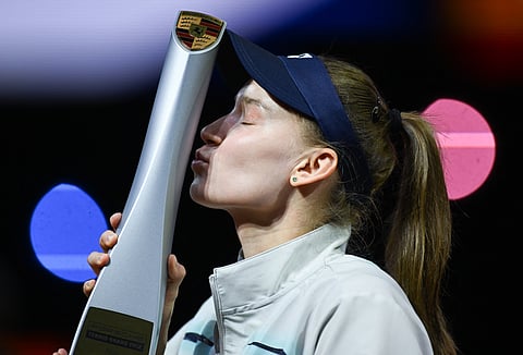 Kazakhstan’s Elena Rybakina kisses the trophy after winning against Czech Republic’s Karolina Muchova (not in picture) the final match at the Women's Tennis Grand Prix WTA tournament in Stuttgart, southwestern Germany, on 19 April 2026.
