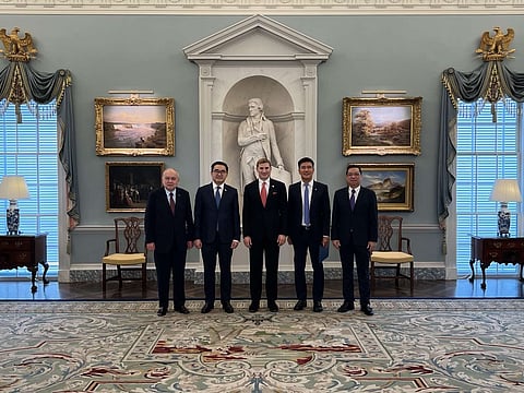 From left to right: Philippine Ambassador to the United States Jose Manuel G. Romualdez, Department of Finance Secretary Frederick D. Go, US Undersecretary of State for Economic Affairs Jacob Helberg, Bases Conversion and Development Authority President and Chief Executive Officer Joshua M. Bingcang, and Department of Trade and Industry Undersecretary for Industry Development and Trade Policy Group Ceferino S. Rodolfo.