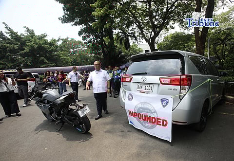 (April 20 2026) LTO Chief Markus Lacanilao impounded an suv and a bigbike from two separate vloggers, Smoke Machine PH and Ishi Lee, for violating the speed limit and other traffic laws as he shows the vehicles to the media at the LTO Central office in Quezon City on Monday, April 20, 2026. Photo/Analy Labor